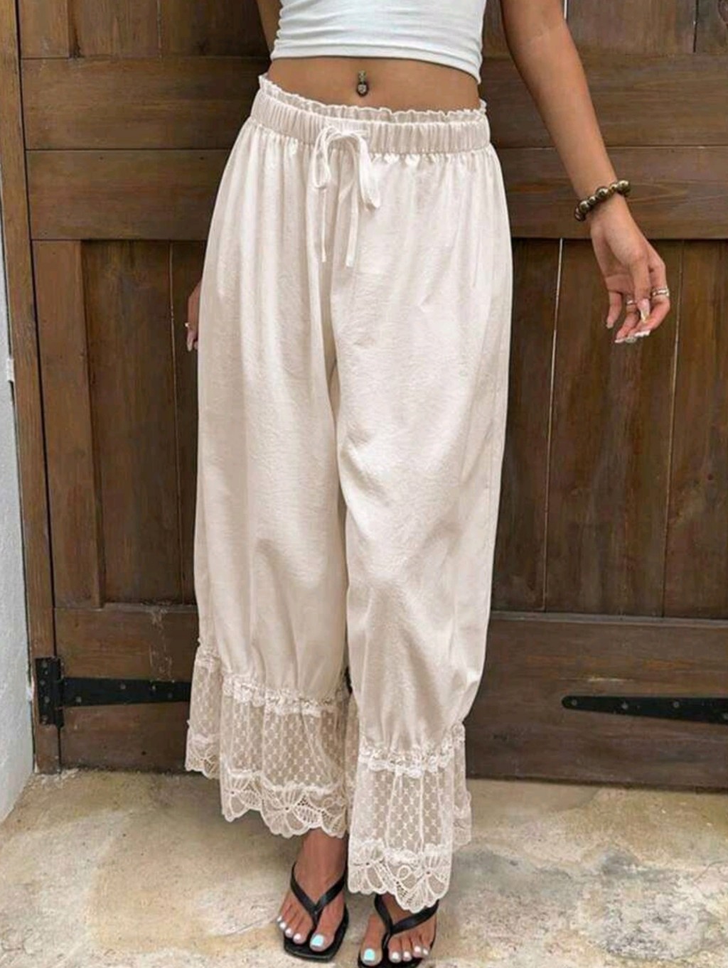 Women's Cream Lace Trim Wide-Leg Pants